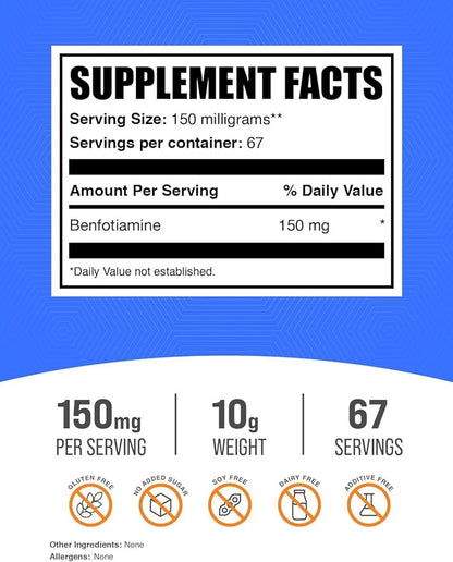 BulkSupplements.com Benfotiamine Powder - Thiamine B1 Supplement, Benfotiamine Supplement - Benfotiamine 150mg, Gluten Free - 150mg per Serving, 10g (0.35 oz) (Pack of 1)