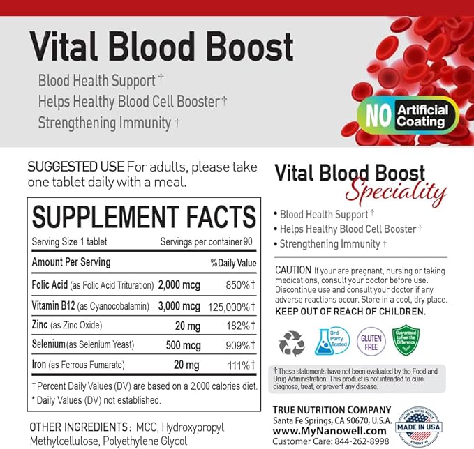 Vital Blood Boost - Dietary Supplement for White and Red Blood Cell Support - Iron with Selenium, Zinc, Vitamin B12 & Folic Acid - 90 Tablets x 4 Bottles, 360 Day Supply
