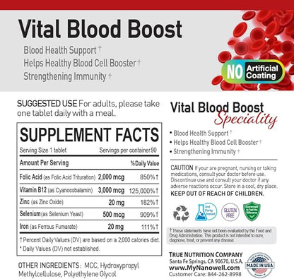 Vital Blood Boost - Dietary Supplement for White and Red Blood Cell Support - Iron with Selenium, Zinc, Vitamin B12 & Folic Acid - 90 Tablets x 4 Bottles, 360 Day Supply