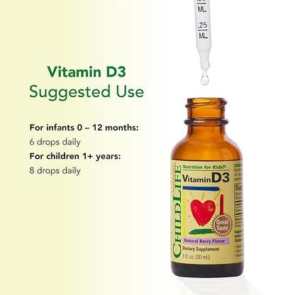 CHILDLIFE Essentials Vitamin D3 Drops for Kids, Children, & Toddlers - Liquid Vitamin D Drops, 500 IU per Drop, Immune & Bone Health Support, Natural Berry - 1 Fl Oz (Pack of 2)