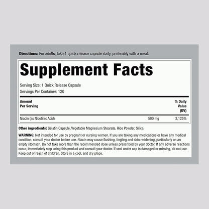 Piping Rock Niacin Flush 500mg | 120 Capsules | Non-GMO and Gluten Free Supplement