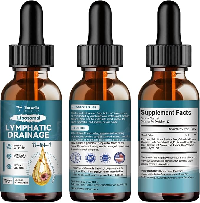 Liposomal Lymphatic Drainage Drops - 11 In 1 Organic Lymphatic Drainage Supplement with Burdock Root, Echinacea, Elderberry, Calendula, Cleavers Herb, Dandelion Supports Lymphatic Health 2 FL.OZ
