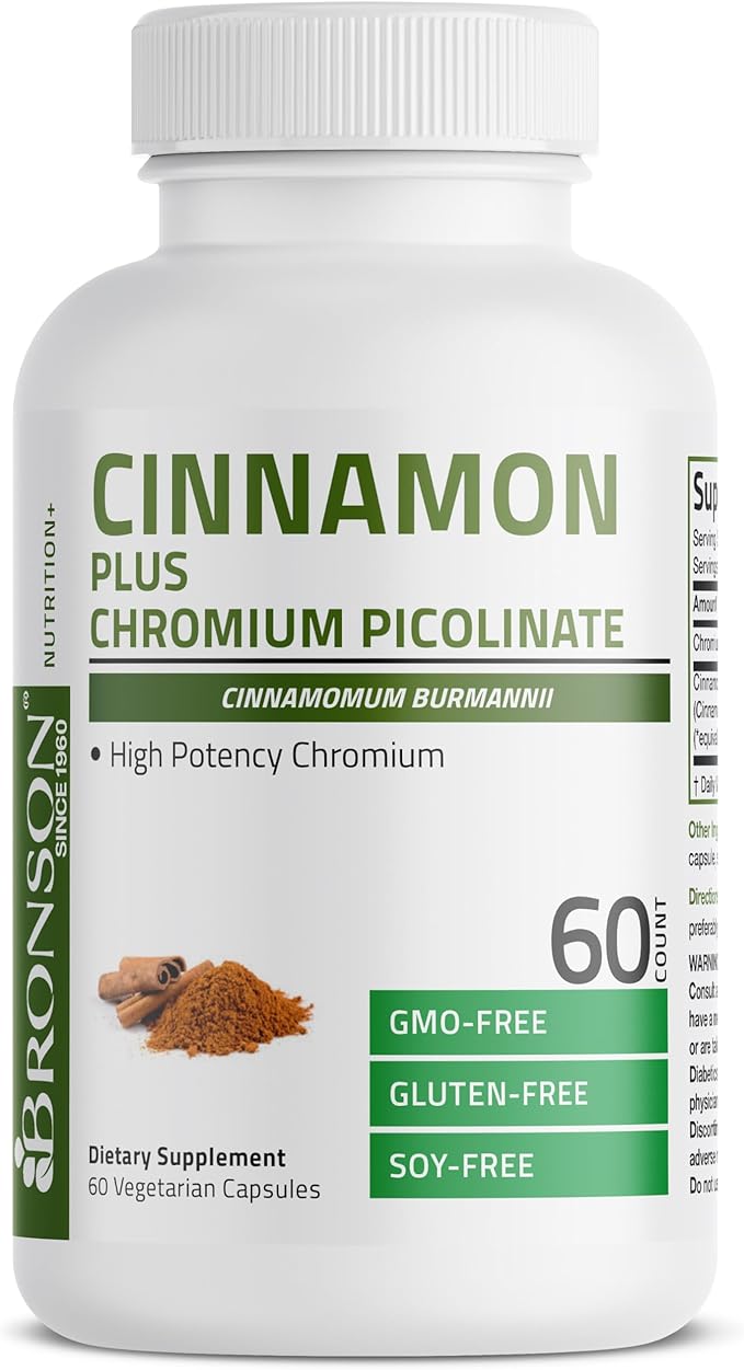 Bronson Cinnamon Plus Chromium Picolinate Supplement, High Potency Chromium, Non-GMO, 60 Vegetarian Capsules