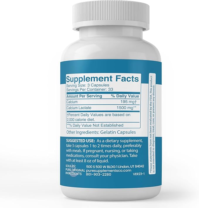Pure Original Ingredients Calcium Lactate, (100 Capsules) Always Pure, No Additives Or Fillers, Lab Verified