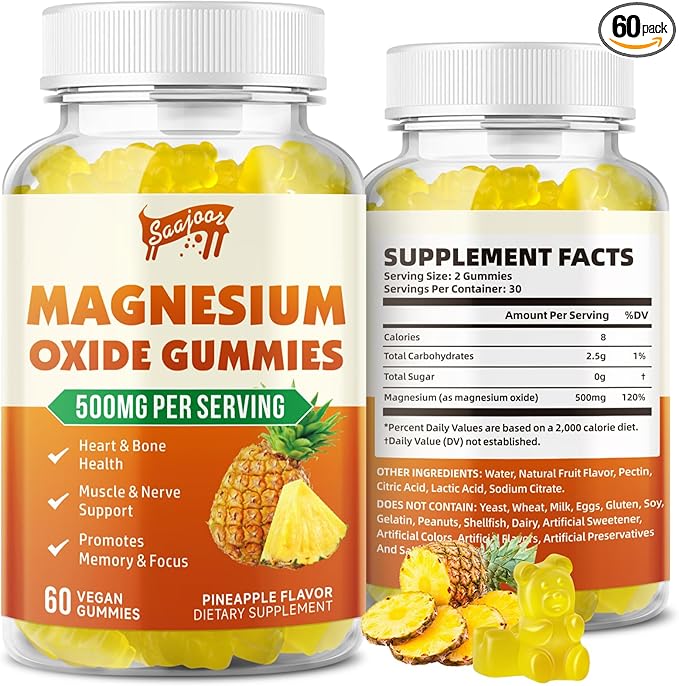 Magnesium Oxide 500mg Gummies for Adults & Kids, Supports Nerve Muscle & Bone Health, Vegan Non-GMO Dietary Supplement with Pineapple Flavor, 60 Gummies