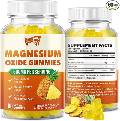 Magnesium Oxide 500mg Gummies for Adults & Kids, Supports Nerve Muscle & Bone Health, Vegan Non-GMO Dietary Supplement with Pineapple Flavor, 60 Gummies