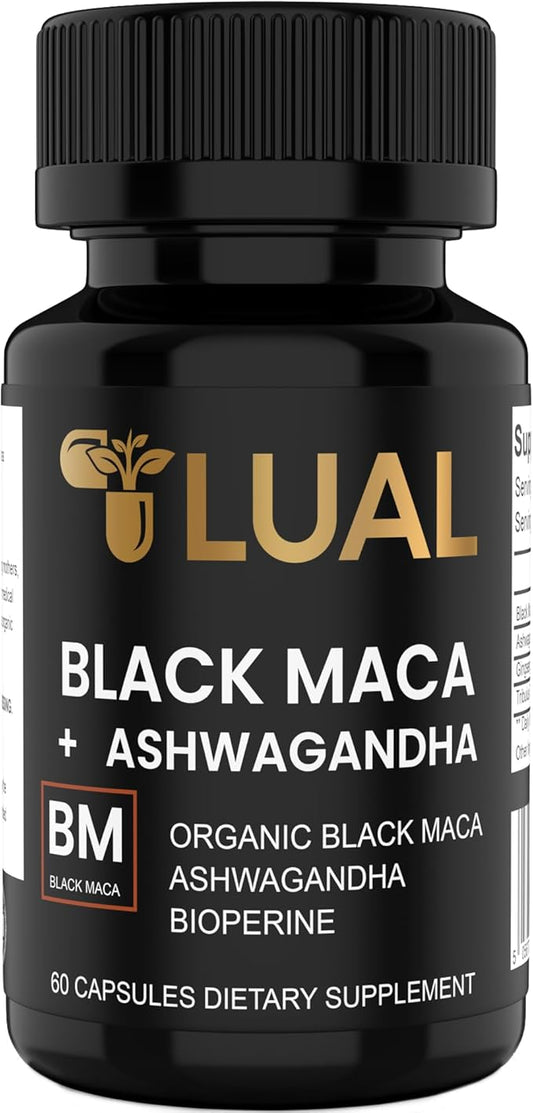 LUAL 30,000mg 30x Strength Organic Black Maca Root with Ashwagandha - Highest Potency Black Maca Root Capsules for Men - 100% Pure Maca Peruana Powder Organic, Gelatinized, Non-GMO - 60 Pills