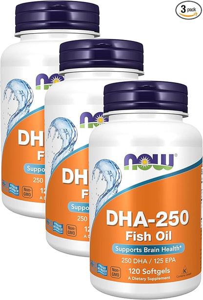 NOW Supplements, DHA-250 with 125 EPA, Molecularly Distilled, Supports Brain Health*, 120 Softgels (Pack of 3)