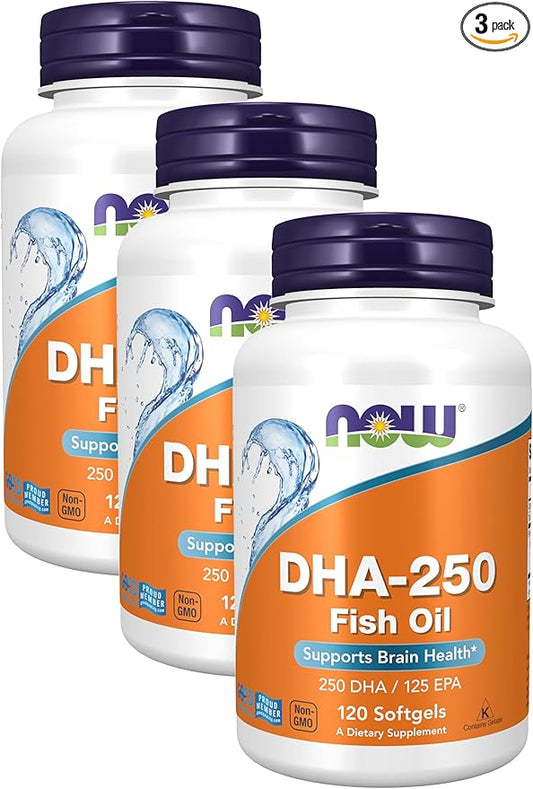 NOW Supplements, DHA-250 with 125 EPA, Molecularly Distilled, Supports Brain Health*, 120 Softgels (Pack of 3)
