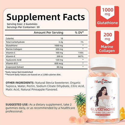Glutathione Gummies for Skin Whitening - Glutathione 1000mg Supplement with Collagen Vitamin C for Women Sugar-Free with Antioxidant Skin Anti-Aging Immunity Liver Support Pineapple Flavor 60ct