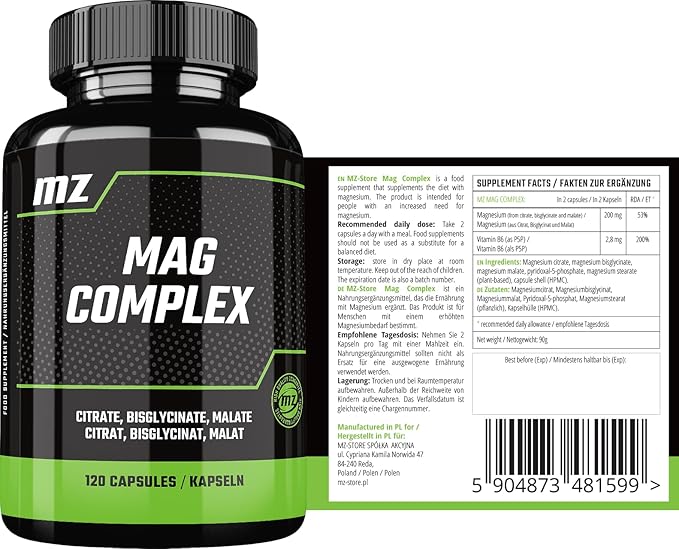 Magnesium Complex - 200 mg Elemental Magnesium per Daily Dose - 120 Vegan Capsules - Magnesium Citrate, Malate, Diglycinate and Vitamin B6-2 Months Supply - by MZ