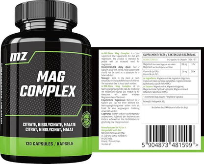 Magnesium Complex - 200 mg Elemental Magnesium per Daily Dose - 120 Vegan Capsules - Magnesium Citrate, Malate, Diglycinate and Vitamin B6-2 Months Supply - by MZ