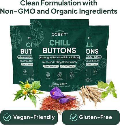Chill Buttons - Organic Ashwagandha Reduces Tension, Enhances Memory and Vision, and Brightens Mood - Contains Ashwagandha KSM-66, Rhodiola Rosea, and Organic Saffron