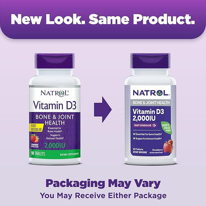 Natrol Fast Dissolve Vitamin D3 2,000 IU, Dietary Supplement for Bone and Joint Health, Bone Support Supplement, 90 Tablets, 90 Day Supply