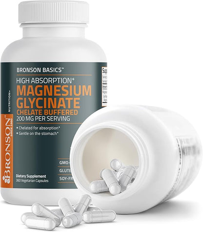 Bronson Magnesium Glycinate 200mg High Absorption Chelated Buffered Gentle On The Stomach Non-GMO, 360 Vegetarian Capsules