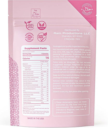 Halal Certified Women’s Multivitamin Gummies - Vegan, Easy Digestion, & High Absorption - Packed with Essential Nutrients, Omega-3, Folate & Biotin for Energy, Beauty, and Wellness - Tasty 30 ct Gummy