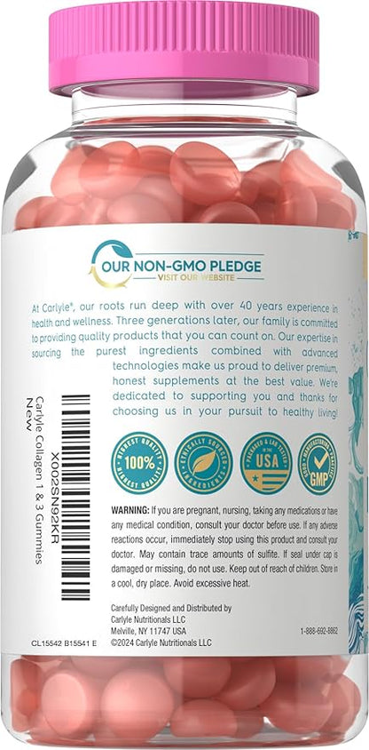 Carlyle Collagen Gummies | Strawberry Flavor Beauty Supplement | Hydrolyzed Collagen Peptides for Women & Men | Type 1 & 3 | Non-GMO, Gluten Free