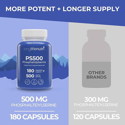 Phosphatidylserine Pure 500mg – 180 Vegetarian Pills, 3-Month Supply, Supplement for Strengthening Memory, Focus & Cognitive Function, Made in USA, Lab Tested, Soy Free, Non GMO