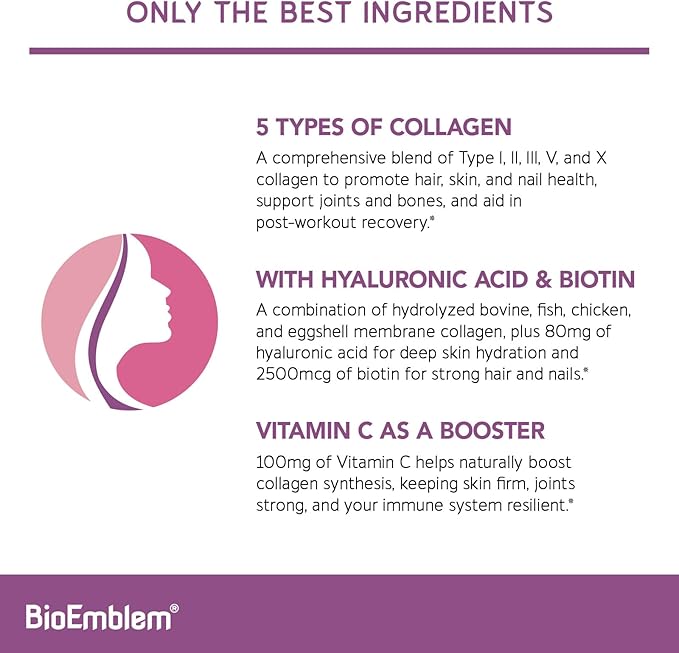 BioEmblem Beauty Collagen - 11G Hydrolyzed Multi-Collagen Peptides & NAD+ Supplement