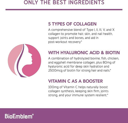 BioEmblem Beauty Collagen - 11G Hydrolyzed Multi-Collagen Peptides & NAD+ Supplement
