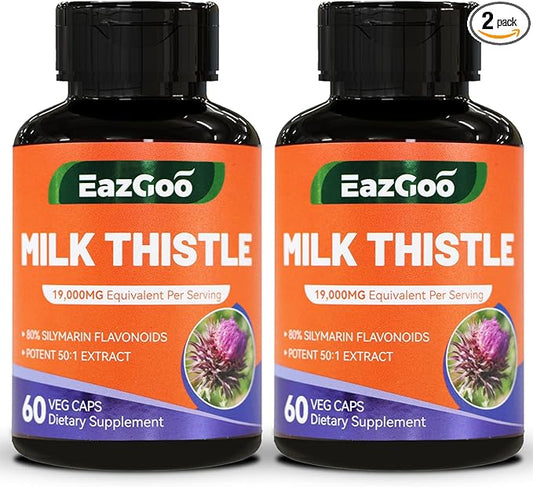 Milk Thistle Capsules 19000mg Equivalent, 50X Concentrated Seed Extract & 80% Silymarin Standardized, Liver Support Supplement, Vegan, Non-GMO, 120 Capsules