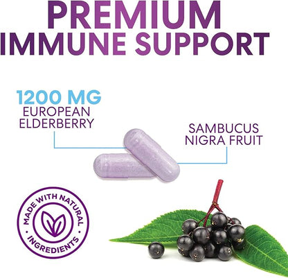 Elderberry Immune Support Extract Capsules - Daily Immune Support for Adults with Natural Sambucus Black Elderberry Antioxidant - No Sugar & Gluten Free Vitamin, Non-GMO Supplement - 120 Capsules