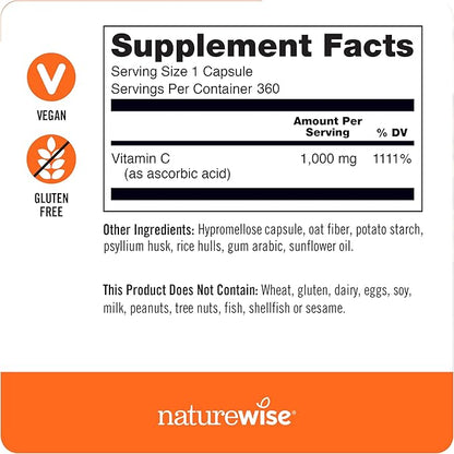 NatureWise Vitamin C 1000mg Capsules - Extra Strength Dietary Supplement for Daily Immune Support & Collagen Synthesis - Vegan, Non-GMO, Gluten Free - 360 Count[1-Year Supply]
