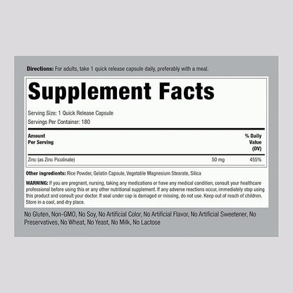 Piping Rock Zinc Picolinate 50mg | 180 Capsules | Non-GMO, Gluten Free Supplement