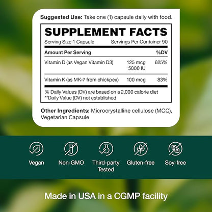 Fresh Nutrition Vegan Vitamin D3 + K2 Capsules - 5000 IU D3 + 100mcg K2 as MK-7 for Optimal Absorption - Immune Health, Bone Health, Mood - Non GMO - 90 Capsules, 3 Month Supply