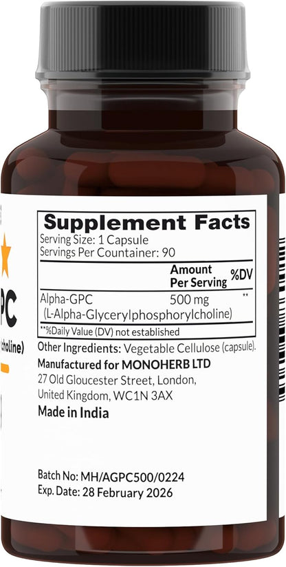Alpha-GPC 500 mg - 90 Vegan Capsules, Nootropic for Brain Support, Focus, Memory, Motivation, and Energy