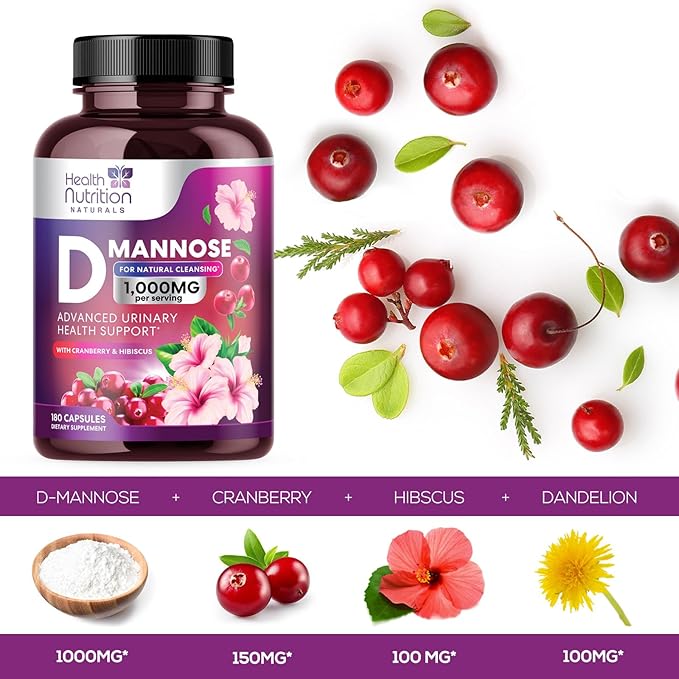 D-Mannose with Cranberry, Hibiscus & Dandelion 1350mg Advanced Formula – Urinary Tract Support Supplement for Women & Men – Flush & Cleanse Impurities – Non-GMO, Vegan for Women & Men – 180 Capsules