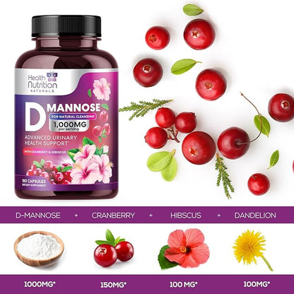 D-Mannose with Cranberry, Hibiscus & Dandelion 1350mg Advanced Formula – Urinary Tract Support Supplement for Women & Men – Flush & Cleanse Impurities – Non-GMO, Vegan for Women & Men – 180 Capsules