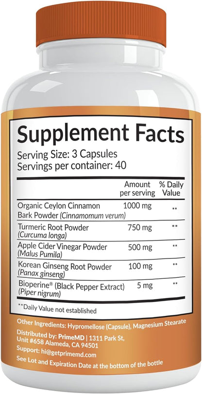 5-in-1 Ceylon Cinnamon Capsules 2355mg - Ceylon Cinnamon and Apple Cider Vinegar with Turmeric, Panax Ginseng, Cinnamon, and Bioperine, 120 ct