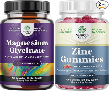 Bundle of Pure Magnesium Glycinate 400mg Per Serving - or Mood Sleep and Relaxation and Extra Strength Zinc Gummies for Adults - mmunity Gummies for Adults