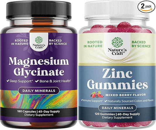 Bundle of Pure Magnesium Glycinate 400mg Per Serving - or Mood Sleep and Relaxation and Extra Strength Zinc Gummies for Adults - mmunity Gummies for Adults