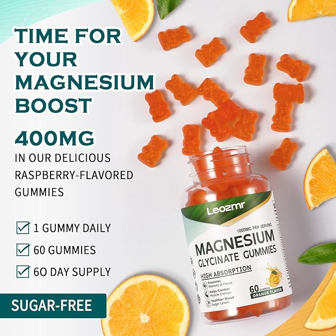 Magnesium Glycinate Gummies 1000mg - Sugar Free Magnesium Potassium Supplement with Vitamin D, B6, CoQ10 for Calm Mood & Sleep Support - 120 Orange Gummies