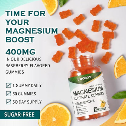 Magnesium Glycinate Gummies 1000mg - Sugar Free Magnesium Potassium Supplement with Vitamin D, B6, CoQ10 for Calm Mood & Sleep Support - 60 Orange Gummies