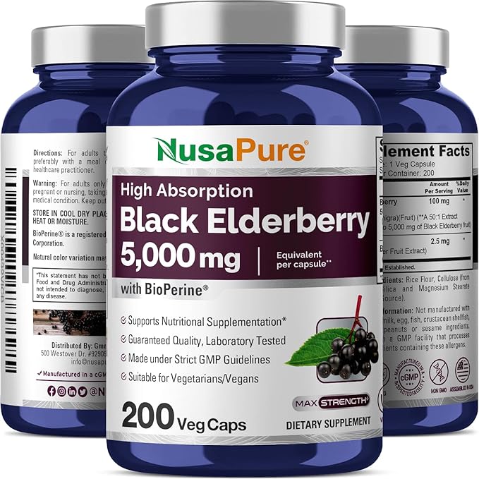 NusaPure Black Elderberry 50:1 Extract, 100 mg Equivalent to 5,000mg per Veggie Capsules, 200 Count (Non-GMO, Bioperine) Sambucus Supplement