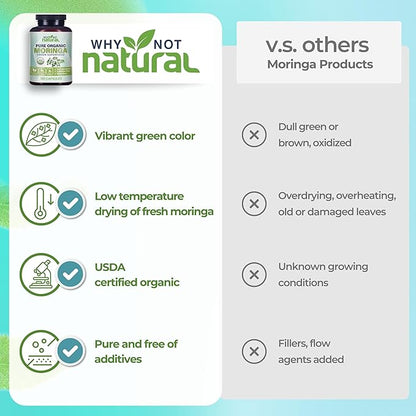 Why Not Natural Organic Moringa Pure Capsules - Green superfood Powder Supplement Pills - Maringa