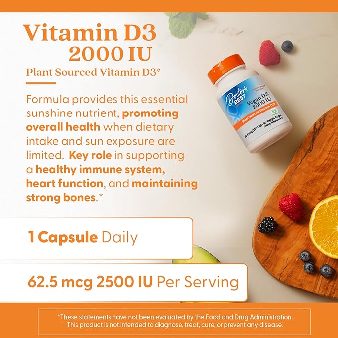 Doctors Best Vegan D3 2500 IU (Vitashine), Plant Sourced Vitamin D3, Non-GMO, Gluten Free, Soy Free, Vegan 60 Veggie Caps