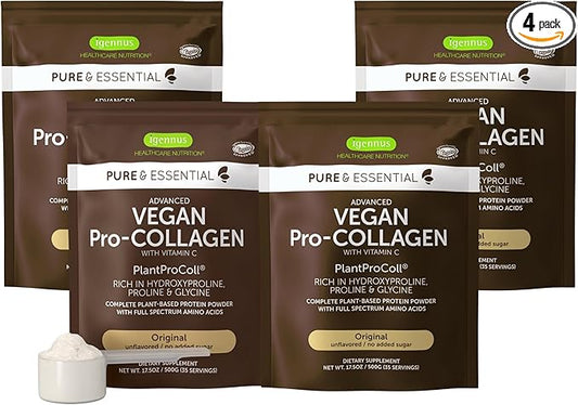 Igennus Vegan Collagen Peptide Powder, Enhanced with Glycine, Proline & Hydroxyproline & Cofactor Vitamin C, Non GMO, Complete Vegetarian Plant Based Collagen Powder Booster, 4 x 35 Servings