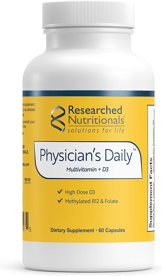 Researched Nutritionals Physician's Daily + D3 Supplement - Daily Multivitamin for Men and Women with Vitamin D3 2000iu, Vitamin B12, Vitamin B6 + Methylated Folate (60 Capsules)