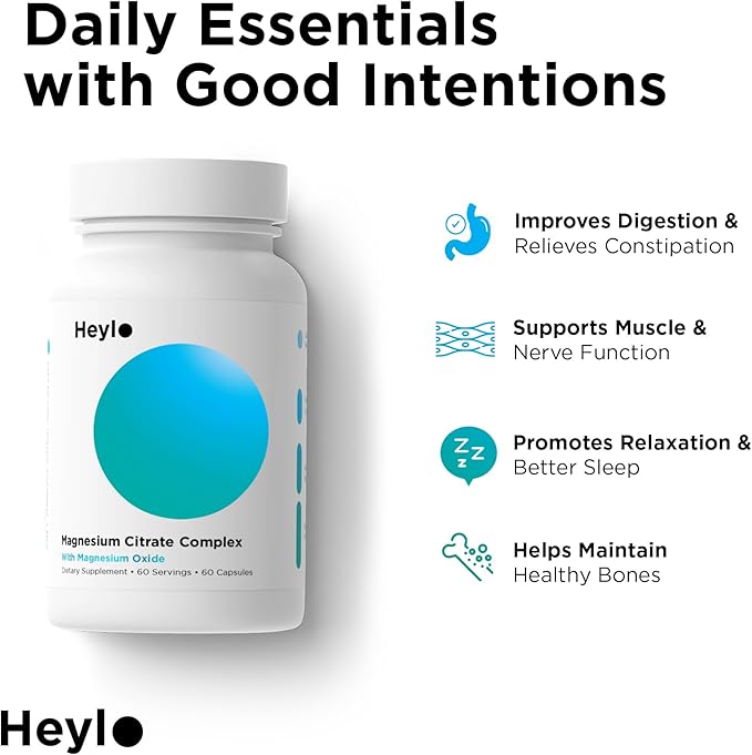 Heylo Magnesium Citrate Complex 500 mg - High Absorption Formula for Muscle Relaxation, Energy Support, Bone & Heart Health, Digestion, Stress Relief - Non-GMO, Vegan, 60 Capsules
