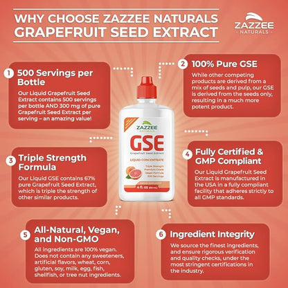 Zazzee GSE, 3X Triple Strength, 4 Ounces, 500 Servings, 300 mg per Serving, Premium Liquid Grapefruit Seed Extract Concentrate with Bioflavonoids, Vegan, Gluten Free, All-Natural, Made in The USA