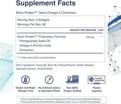 3 MONTH SUPPLY Brain Protect™ Nano Omega 5 Cinnamon Brain Supplement for Memory Focus Patent-Pending Nano-Formulation Antioxidant 180 Softgels Pomegranate Seed Punicic Acid