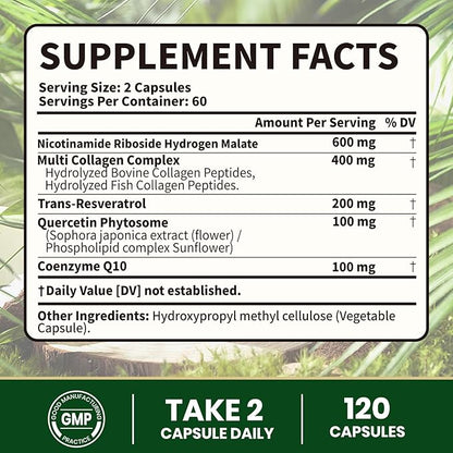 VEV Liposomal NAD+ Supplement – NAD Resveratrol Supplement with Collagen, CoQ10, Quercetin – 120 Capsules – NAD Supplements for Women & Men – Cellular Energy & Wellness Support