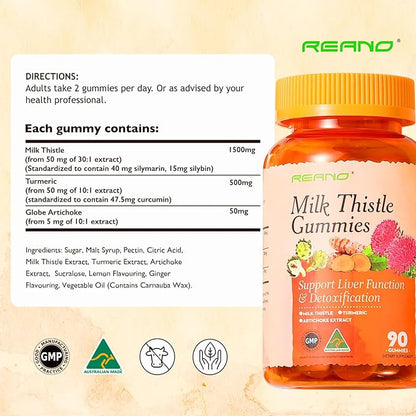 REANO Milk Thistle Gummies with Artichoke and Turmeric, 30:1 Concentrated Extract, 80% Silymarin, 30% Silybin, Non-GMO, Gluten-Free, 90 Count