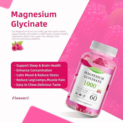 Magnesium Glycinate Gummies 1000mg - for Adults Magnesium Potassium Supplement with Vitamin D, B6, CoQ10 for Calm Mood & Sleep Support - 60 Raspberry Gummies -1 Pack