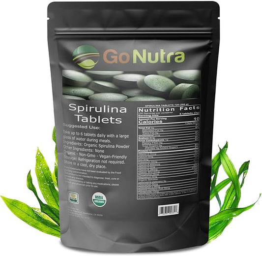 Go Nutra - Spirulina Tablets, Organic Spirulina, Packed with Vitamins, Minerals, Fibers, Amino Acids, and More, All-Natural Spirulina Supplement, Non-GMO, Vegan, 500 mg, 720 Tablets