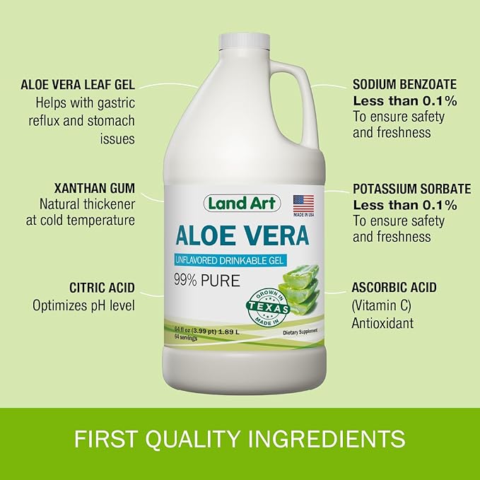 Land Art Pure Aloe Vera Drinkable Gel Unflavored - Cold-Processed Inner Filet - from Organic Fresh Leaves from Texas - for Heartburn Relief - Acid Reflux - 64 fl oz
